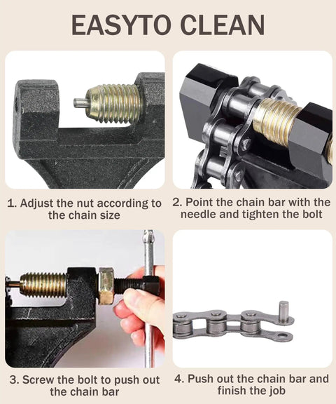 Steps for using Heavy Duty Beefy Build Chain Breaker Tool For Dirt Bike ATV Motorcycle And Bicycle Chains Riveting Repair Tool Fits 420 428 520 525 528 530
