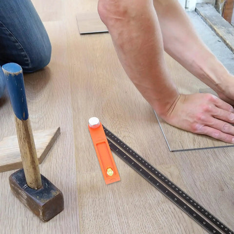 High Precision Carpentry Marking Ruler T Shaped Measuring Tool for Angles with Double Sided Scale in use on wooden floor