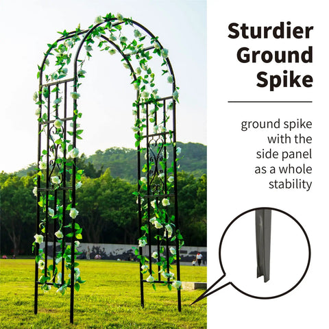 Sturdy Black Wrought Iron Pergola Arbor Garden Arch With Ground Spikes 100 Inches High And 45 Inches Wide Outdoor Climbing Plants Trellis For Weddings Parties And Patio Decor shown in a grassy outdoor setting.