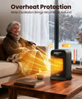 Woman using Indoor Space Heater With Remote Control 1500W Desk Heater in living room with overheat protection feature visible