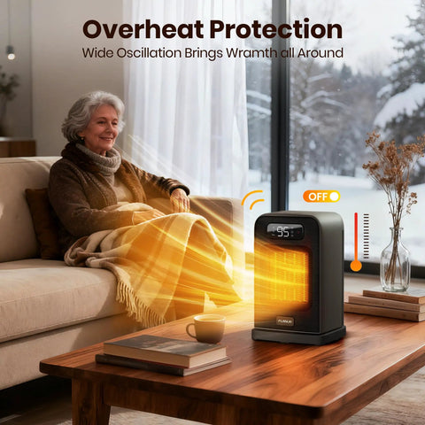 Woman using Indoor Space Heater With Remote Control 1500W Desk Heater in living room with overheat protection feature visible