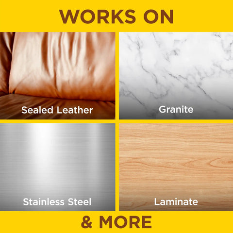 Quick Fix Wood Furniture Polish Spray For Stainless Steel And Hardwood Erases Sticky Fingerprints And Dust With A Zesty Lemon Scent on various surfaces.