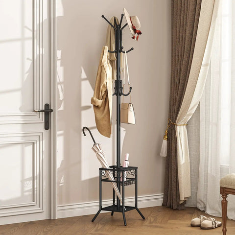 No Fuss Freestanding Coat Rack With 12 Hooks And Umbrella Holder Modern Metal Hall Tree For Entryway Living Room Bedroom Or Office Heavy Duty Standing Coat Hanger Stand In Black with coat and umbrella on hardwood floor.