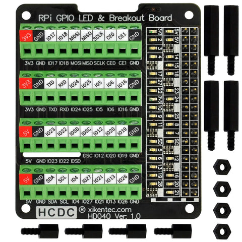 Raspberry Pi GPIO Status LED and Terminal Block Breakout Board HAT for A Plus 3A Plus B Plus 2B 3B 3B Plus and 4B with 5V and 3.3V Indicators and Plug and Play GPIO High Low LEDs, black PCB with green terminal blocks