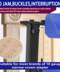 Assorted 18 Gauge Narrow Crown Staples For Nail Guns And Staplers, Four Sizes One Half Inch, Three Quarter Inch, One Inch, One And One Quarter Inch, 2400 Pack, Galvanized Rust Resistant Finish, Compatible With 18 Gauge Pneumatic And Electric Staplers shown in use on wooden frame.