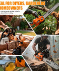 Collage of people using chainsaws for cutting and maintenance tasks in outdoor settings.
