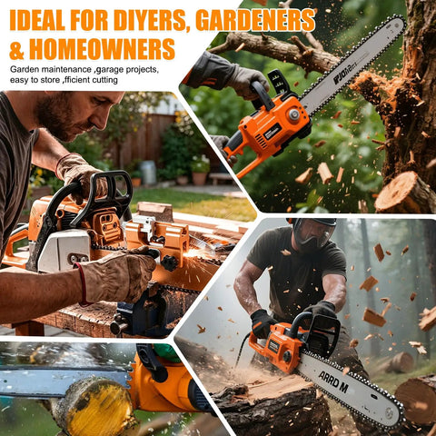 Collage of people using chainsaws for cutting and maintenance tasks in outdoor settings.