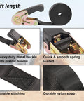 Endless Ratchet Strap Set 1 Inch Wide Heavy Duty Tie Down Straps 8 Feet Long Hookless Design 900 Pound Load Capacity 2500 Pound Breaking Strength shown with metal buckle, plastic handle, durable stitching, and nylon strap.