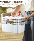 ARSTPEOE 3-tier portable medicine organizer with plastic handle; white cabinet with clear top showing pills