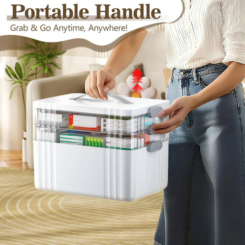 ARSTPEOE 3-tier portable medicine organizer with plastic handle; white cabinet with clear top showing pills