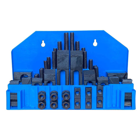 Heavy Duty Hold Down Clamp Set 58 Piece For Bridgeport Milling Machines With Three Quarter Inch Slot And Five Eighth Inch Stud on wall holder