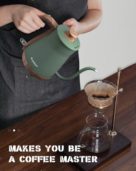Person using Gooseneck Electric Kettle 0.8L 1000W Stainless Steel Pour Over Kettle For Coffee And Tea With Auto Shut Off Wood Grain Handle In Matcha Green for brewing coffee