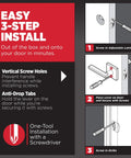 Installation guide for Halifax Interior Square Passage Door Handle Lever with three-step process illustration and features.