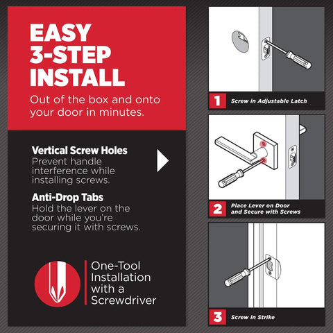 Installation guide for Halifax Interior Square Passage Door Handle Lever with three-step process illustration and features.