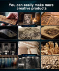 Collage of projects made with 40W Laser Engraver Cutter With Auto Air Assist, Blazing 600mm/s Speed, on various materials.
