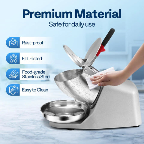 Heavy Duty Electric Ice Shaver And Snow Cone Maker Machine With Killer Blade Adjustments and Solid Ice Pick, stainless steel design being cleaned.