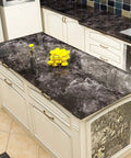 Marble Peel And Stick Countertop Paper Waterproof Self Adhesive Kitchen Countertop Cover 30 By 200 Inches Glossy Brown Black Marble Vinyl Wallpaper For Quick Home Makeovers covering a kitchen island and countertop