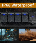 4 Gang IP68 Waterproof Rocker Switch Panel For Boats And RVs With DC 12-24V LED Digital Voltmeter And Dual USB QC 3.0 Type C Fast Charging Prewired Toggle Panel For Cars Marine Trucks Blue, black panel under rain