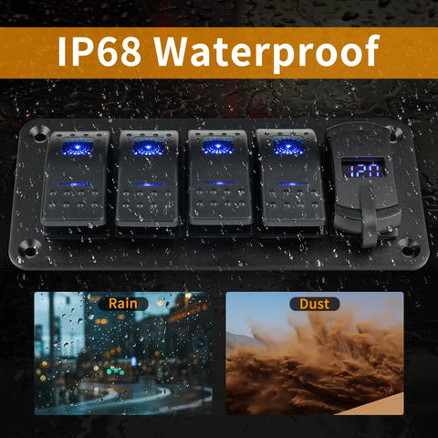 4 Gang IP68 Waterproof Rocker Switch Panel For Boats And RVs With DC 12-24V LED Digital Voltmeter And Dual USB QC 3.0 Type C Fast Charging Prewired Toggle Panel For Cars Marine Trucks Blue, black panel under rain