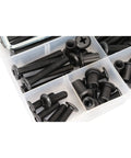 M6 Furniture Connector Bolts And Barrel Nuts Set Black Zinc Plated shown in storage box compartments