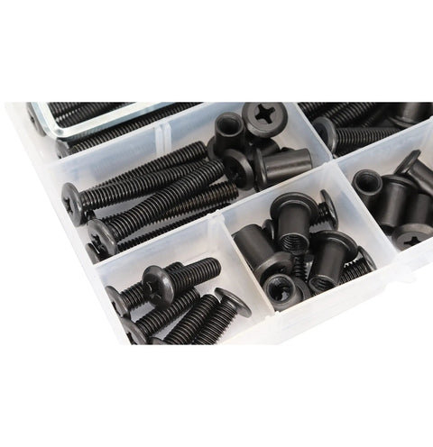 M6 Furniture Connector Bolts And Barrel Nuts Set Black Zinc Plated shown in storage box compartments