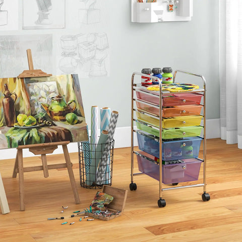 6 Drawer Rolling Storage Cart For Tools, Scrapbook Paper, Crafts, shown in a colorful art room with easel and canvas