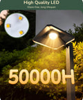 Low Voltage Pyramid Path Lights Aluminum Exterior Landscape Lighting 3000K 50000 Hour Lifespan Wired Outdoor Garden Yard Driveway Weatherproof Durable LED Lights 4 Pack with glowing top view, lush garden backdrop, inset of LED chips, showing text '50000H' and 'High Quality LED' at top