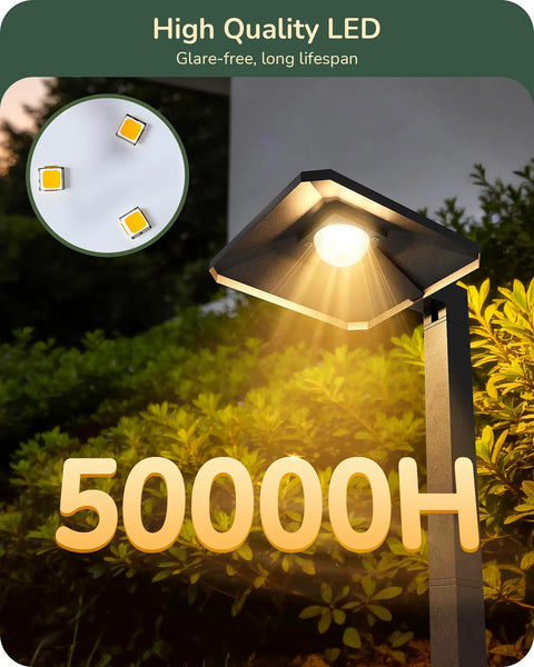 Low Voltage Pyramid Path Lights Aluminum Exterior Landscape Lighting 3000K 50000 Hour Lifespan Wired Outdoor Garden Yard Driveway Weatherproof Durable LED Lights 4 Pack with glowing top view, lush garden backdrop, inset of LED chips, showing text '50000H' and 'High Quality LED' at top