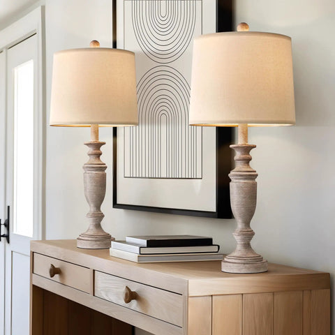 Two Piece 24 Inch Rustic Resin Table Lamp Set With Linen Shade For Living Room Bedroom Desk End Table Decor Ideal