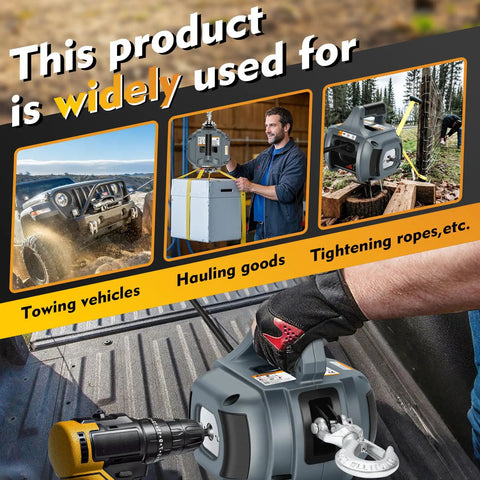 360 Degree Rotating Handheld Drill Winch 1500 Lb Capacity With 40 Ft Synthetic Rope shown in use for towing vehicles and hauling goods.