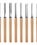 Front view of HAUTMEC 8-piece wood turning chisel set with wooden handles and steel blades (skew and gouge chisels)