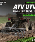 Heavy Duty ATV UTV Landscape Rake Implement For Rock Removal Grass Clumps And Debris Prep For Seeding Cultivating And Maintaining Land With Adjustable Teeth Powder Coated Steel Compatible With 1 Point Lift System attached to an ATV on a field