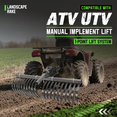 Heavy Duty ATV UTV Landscape Rake Implement For Rock Removal Grass Clumps And Debris Prep For Seeding Cultivating And Maintaining Land With Adjustable Teeth Powder Coated Steel Compatible With 1 Point Lift System attached to an ATV on a field