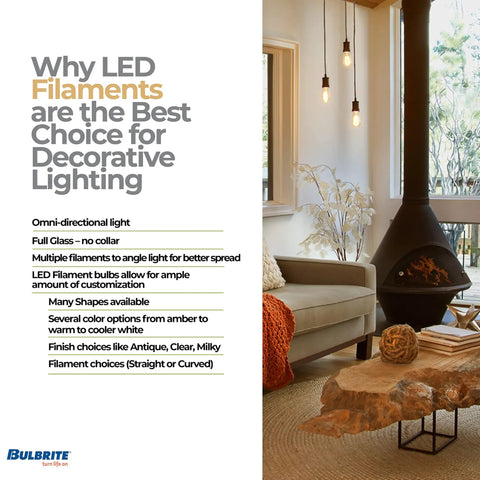 LED Filament Light Bulbs 5W 500 Lumens E12 Candelabra Base Soft White 3000K Dimmable promotional display in living room.
