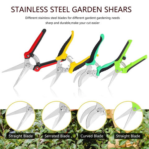 All-In-One Garden Pruning Kit With Stainless Steel Shears, U-Shaped Cutter, set of multi-color shears with various blade types