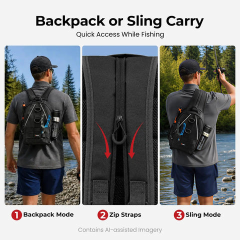 Back view of fisherman with Gear Up Fishing Backpack With Rod Holder And Lightweight Sling Design, showing backpack and sling carry options.