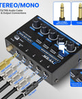 Four Channel Stereo Line Mixer For Studio Stage And Rehearsal Setups Compact USB C Powered Audio Mixer With Independent Channel Levels Mono To Stereo Switch TS And TRS Line Inputs Low Noise Performance showing labeled TRS and TS inputs.