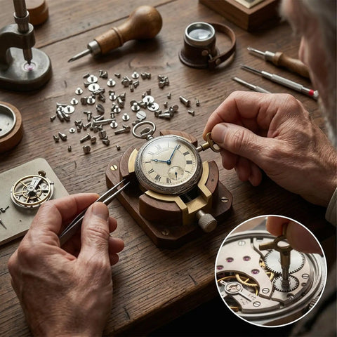Fast Fixes With These Precision Micro Watch Band Screws That Replace Missing Links And Keep Your Strap Ticking Slick With Zero Stress And A Sharp Silver Finish For Everyday Carry Gear. A person using tweezers on a vintage watch in a workshop with precision screws.