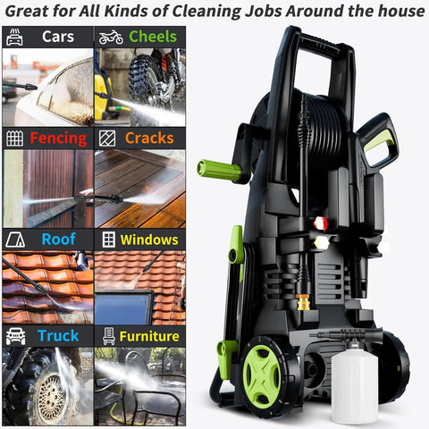 4500 PSI Pressure Washer With 4 Quick Connect Nozzles Inlet Hose And Filter And Foam Cannon For diverse cleaning tasks shown.