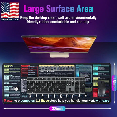 Desktop setup showing a large 32x15 inch Shortcut Desk Pad with 9 quick formula guides for spreadsheets under keyboard and mouse.