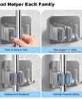 Stainless Steel Mop And Broom Holder Wall Mount With Hooks 4 Pack Screw Or Self Adhesive Install Rustproof 304 Stainless Tool Organizer
