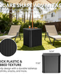 Square black "Umbrella Side Table With Hole For Outdoor Use 2 In 1 Table And Stand With Fillable Base Heavy Duty Poolside Or Backyard Holds 132 Lbs Capacity Fits Poles Up To One Point Five Inches" beside patio chairs