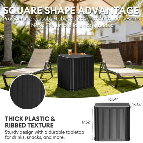 Square black "Umbrella Side Table With Hole For Outdoor Use 2 In 1 Table And Stand With Fillable Base Heavy Duty Poolside Or Backyard Holds 132 Lbs Capacity Fits Poles Up To One Point Five Inches" beside patio chairs