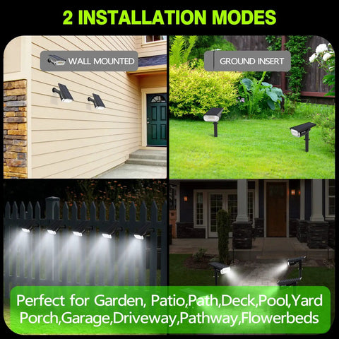Solar Spotlight Outdoor 1000 Lumens 64 LEDs IP67 Waterproof Landscape Lighting with wall and ground installation options