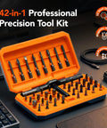 Magnetic Ratchet Screwdriver Set With Flexible Shaft And 42-In-1 Precision Bits, S2 Steel Multi-Bit Tool Kit open in orange case
