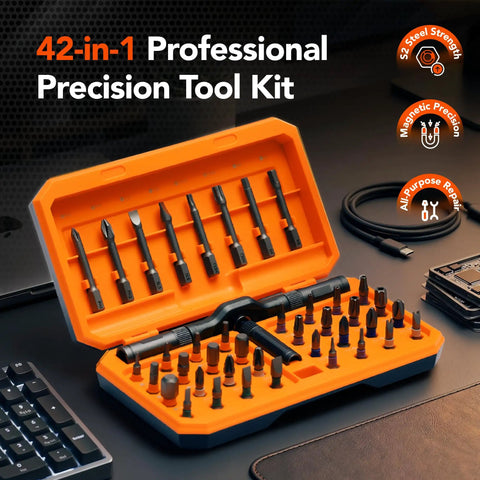 Magnetic Ratchet Screwdriver Set With Flexible Shaft And 42-In-1 Precision Bits, S2 Steel Multi-Bit Tool Kit open in orange case