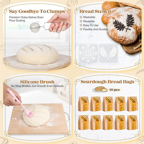Pink Sourdough Bread Making Kit With Round Nine Inch And Oval Ten Inch Proofing Baskets Sourdough Jar Silicone Spatula Dough Whisk Bread Lame Five Replacement Blades With Cover And Mixing Bowl Gift For Home Bakers, showing silicone brush and bread stencils with sourdough bread bags.