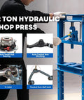 Beefy 12 Ton Hydraulic Shop Press With Sturdy H Frame And Movable Plate System, 5 Hole Adjustable Base For Bearing Bending Straightening And Forming, Floor Press In Blue displayed with automotive components