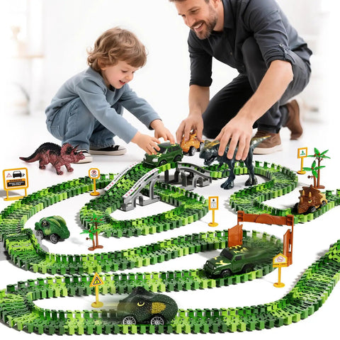 Father and son playing with Epic Race Track Dino Adventure Kit With Flexible Tracks 2 Electric Cars And 4 Dino Cars DIY Train Set For Kids