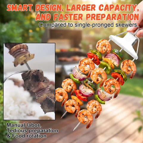 3 Way Grill Skewers With Push Off Slider 14.7 Inch Stainless Steel Kabob Sticks for multiple pieces grilling in use